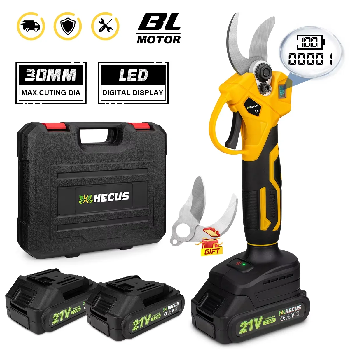 GISAM Electric Pruning Shears 30mm, brushless motor, 2 gears electric scissors, cordless fruit tree and bonsai pruning tool, compatible with Makita 18V battery