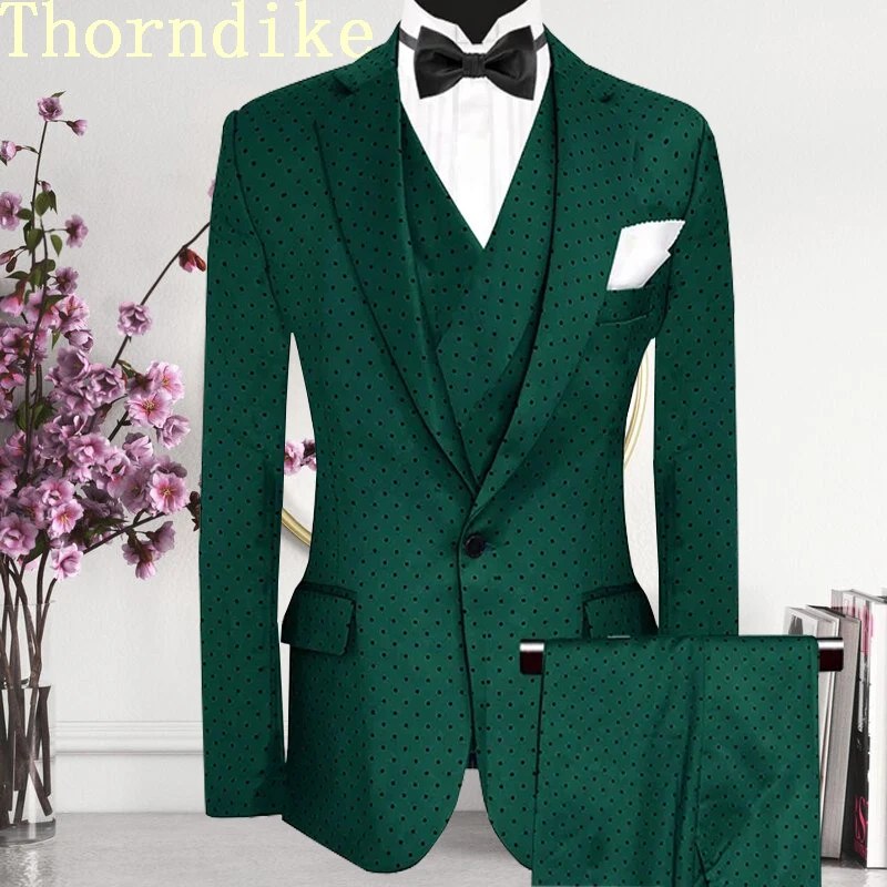 Suits For Men 3 Pieces(Jacket+Pants+Vest) Made Dark Green Dot Casual Marriage Groom Blazer Tuxedo Men For Wedding mens suit