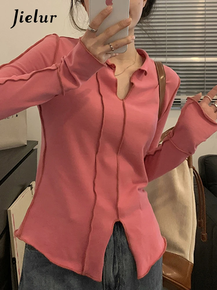 

Jielur Split Solid Color Hole Sexy Women's T-shirts Long Sleeve Casual Fashion Streetwear Slight Stretch Basic Female Blouses