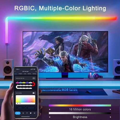 Tuya Wifi 스마트 LED 벽 조명 바, RGBIC 주변 LED 스트립 조명, 음악 동기화, 앱 제어, Alexa Google Home과 함께 작동 2