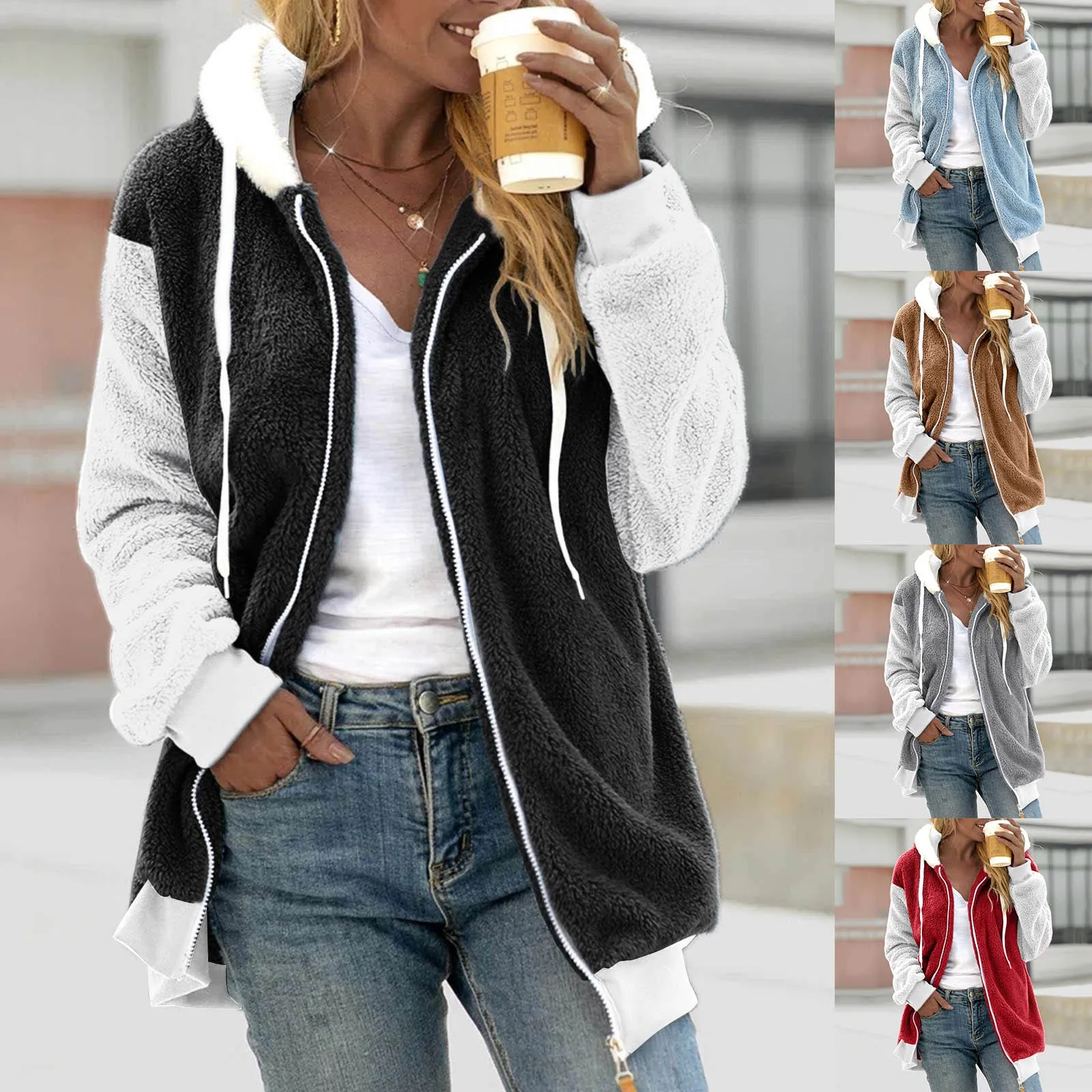 

Women's Stitching Pocket Hooded Pullover Sweatershirt Warm Artificial Wool Pockets Coat Knit Women clothes Female clothing