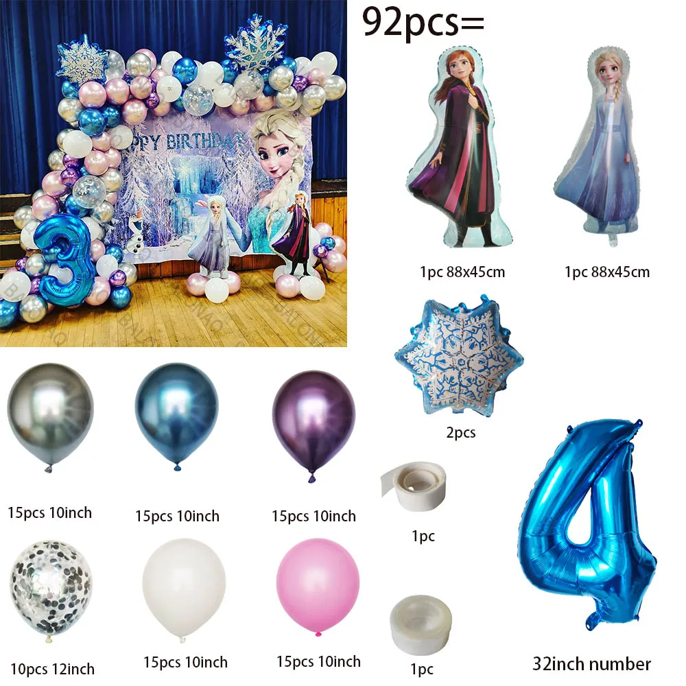 92pcs Disney Theme Background Wall Frozen Party Decoration Elsa Anna Foil Balloons Number Ball Baby Girl Birthday Party Kids