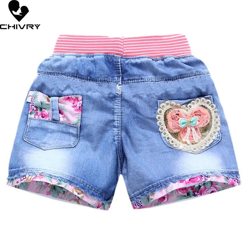 New 2022 Kids Girls Summer Denim Shorts Baby Girls Cute Cartoon Embroidery Laced Shorts Casual Jeans Short Pants Clothing