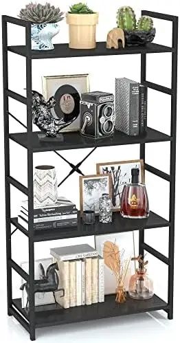 

4 Tier Bookshelf, Tall Bookcase, Office Shelf Storage Organizer, Modern Book Shelf for Living Room, Bedroom, and Home Office, Bl