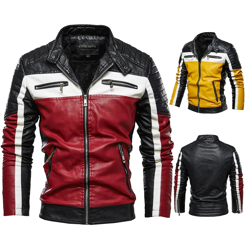 2024 Men Autumn Jacket Bomber Biker Zipper Motorcycle Faux Fur Coat Male Fleece Pilot Vintage Good Quality PU Leather