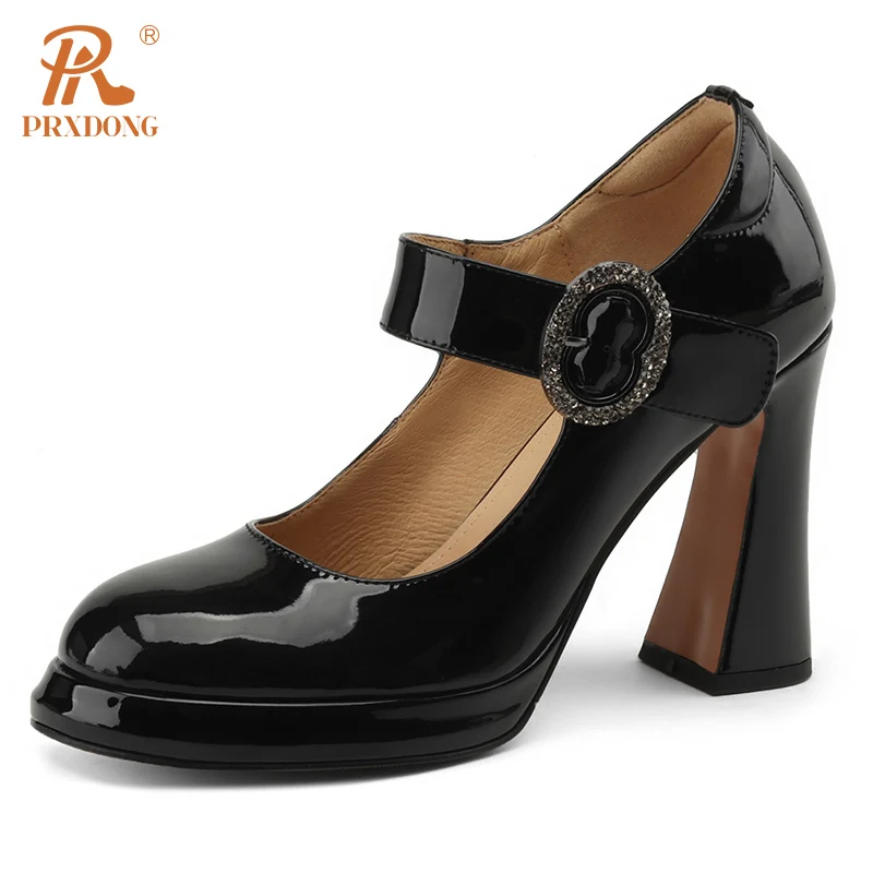 

PRXDONG Retor Mary Janes Pumps For Women Chunky High Heels Platform Black Spring Summer Genuine Leather Dress Party Office Lady