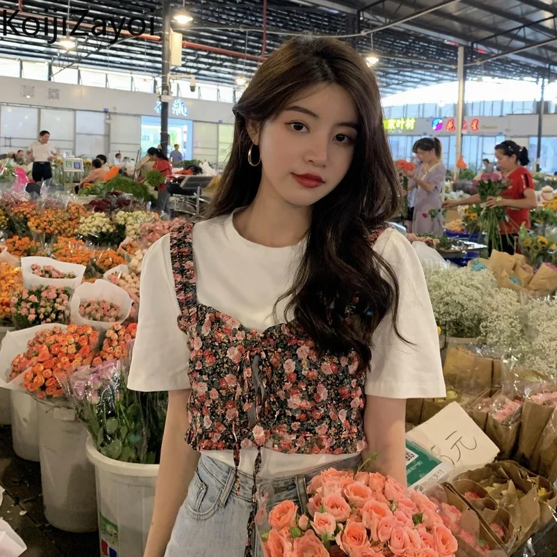 

Koijizayoi Summer Women Tshirt Cropped Tees Flower Outwear Two Pieces Set T-shirt Casual Slim 2 Pieces Se Chic Suit 2022 Outfits