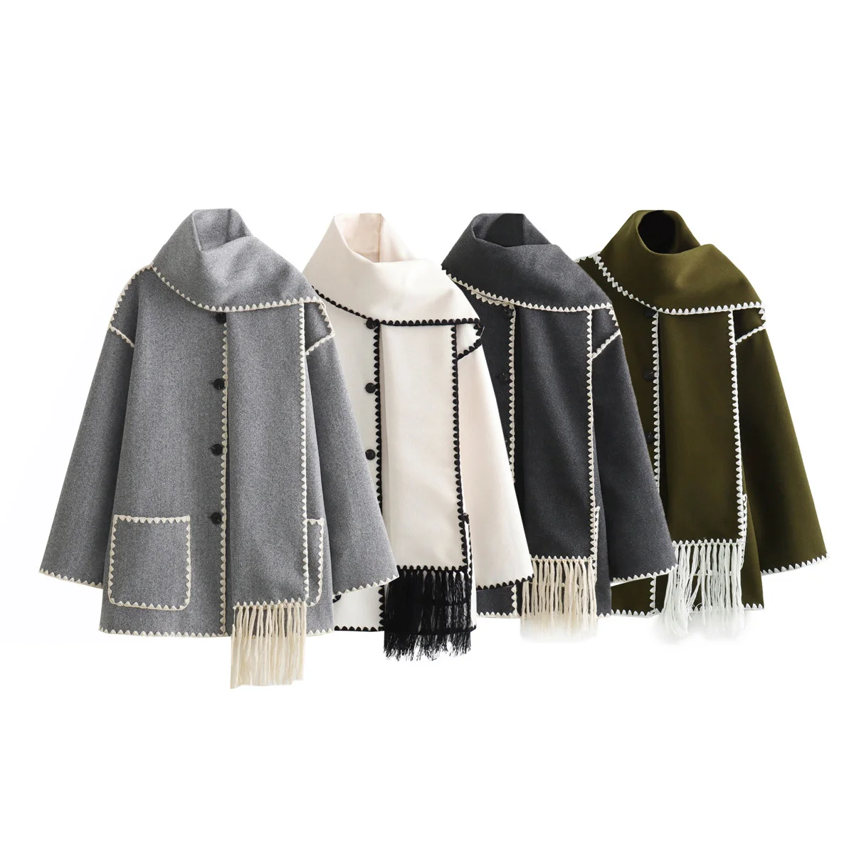 

Women New Fashion Scarf Collar Colorblock Woolen Coat Vintage Long Sleeve Pocket All-match Casual Female Outerwear Chic Tops