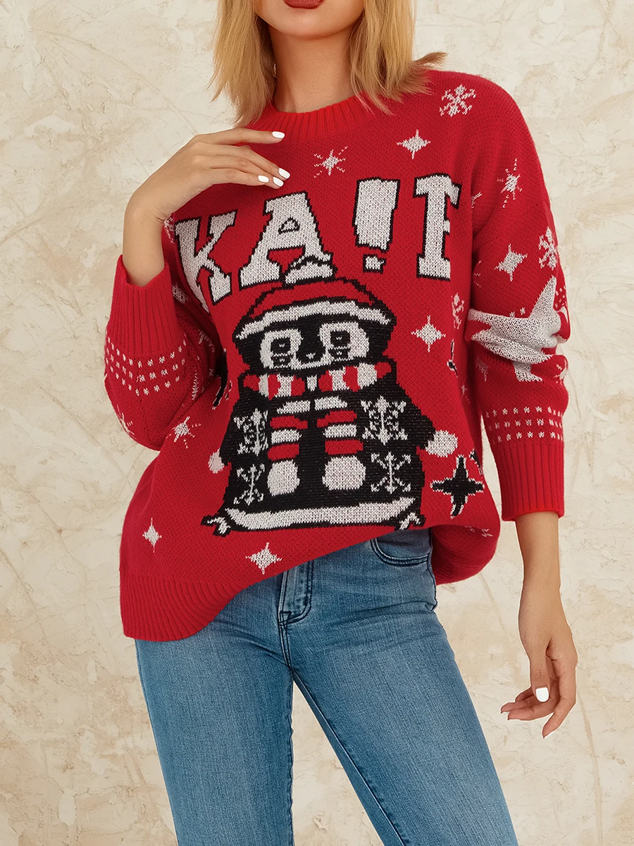 Men Women Christmas Sweater Reindeer Patterned Crew Neck Long Sleeve Pullover Knitwear with Rib-Knit Hem XS M L XL