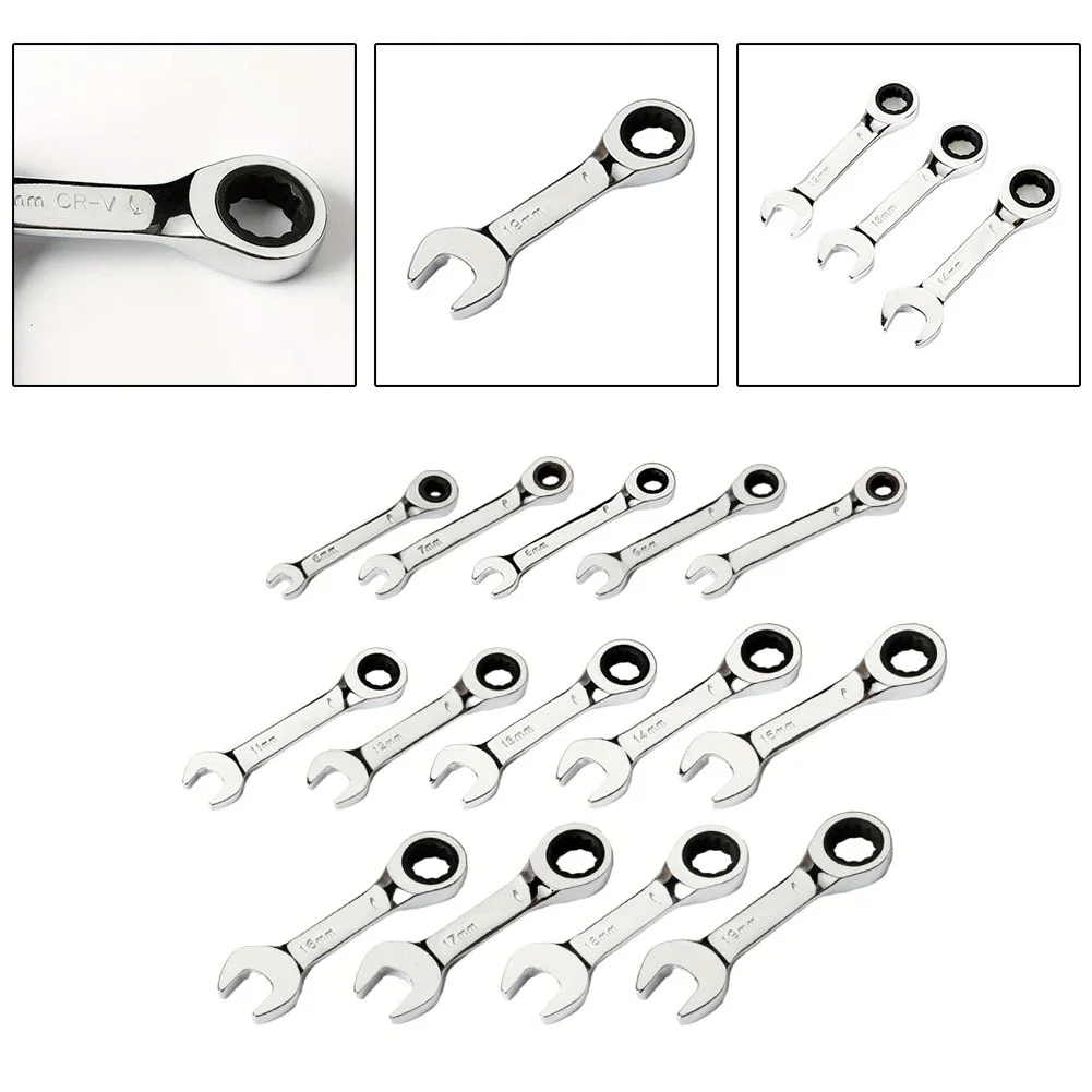1pc 6-19mm Ratchet Socket Wrench Spanner Short Handle 72 Tooth Reversible Combination Single Wrench Open Box End Multi-to