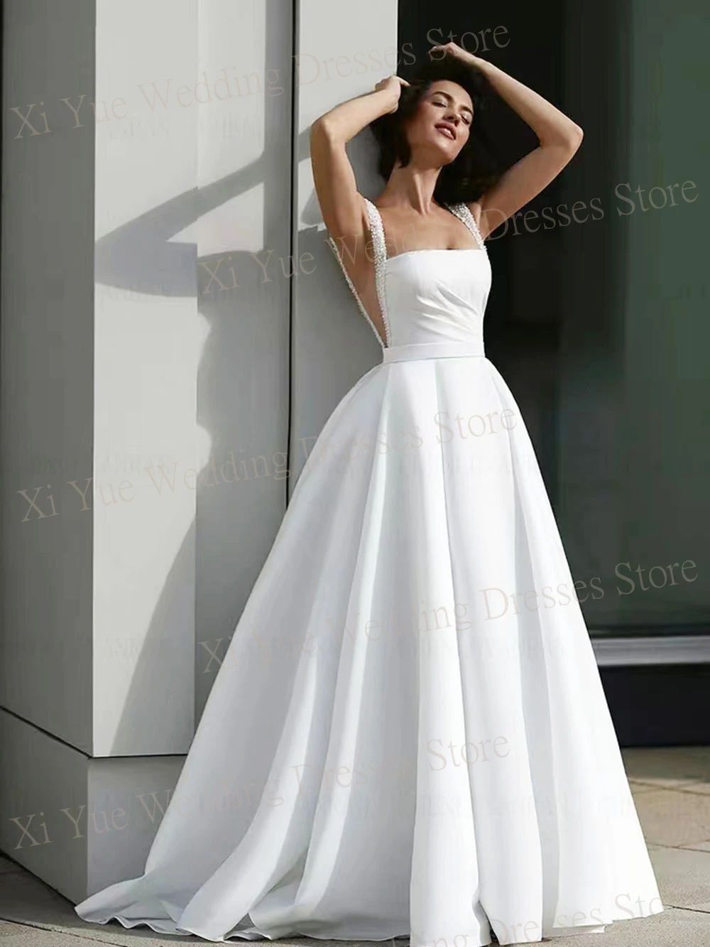 

Elegant Simple Satin Spaghetti Straps Wedding Dresses Backless Bride Gowns A Line Sexy Side Split Formal Party сережки женские