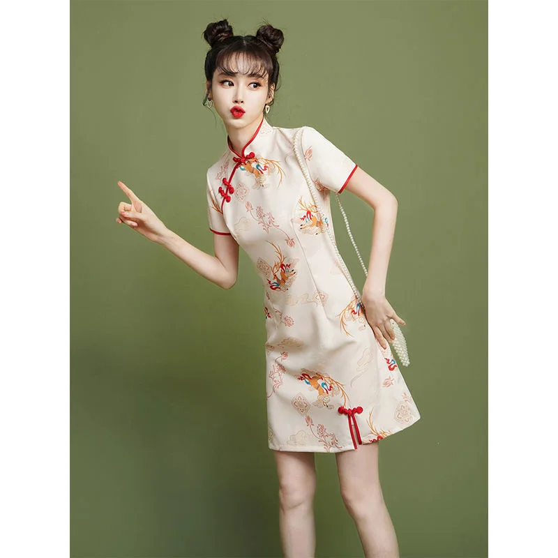 

Traditional Chinese Improved Cheongsam Dress Women Fashion Short Sleeve Qipao Dresses Young Girls Modern Chinese Wind Women