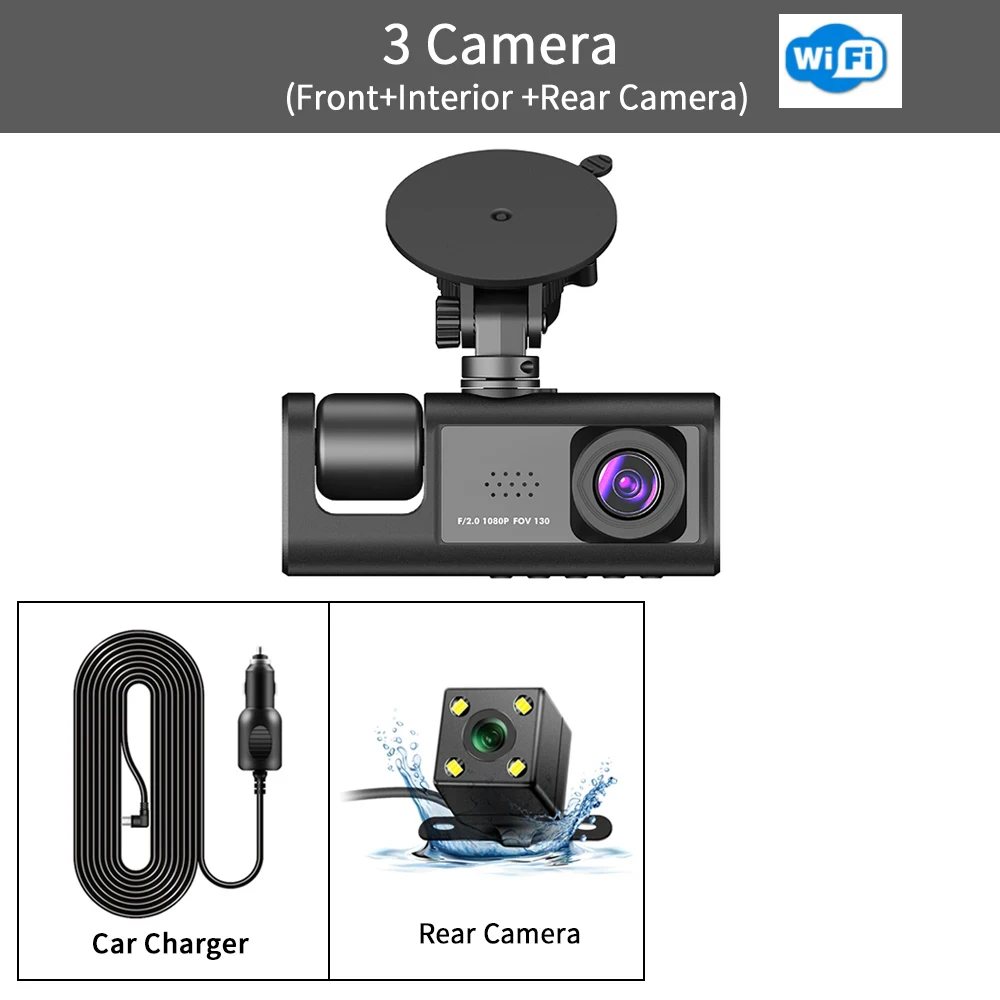 thumbnail image 1 of PUGTOP 3 canales coche DVR HD 1080P 3 lentes dentro del vehículo cámara de salpicadero cámara Wifi DVRs grabadora de vídeo Dashcam videocámara, 1 of 5