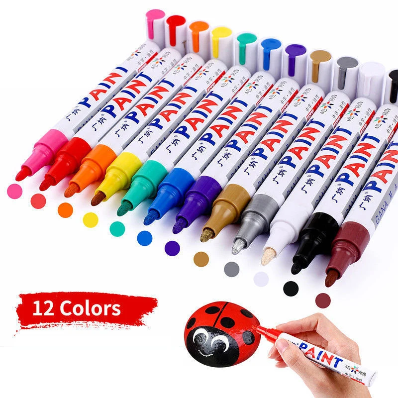 Rotulador de pintura permanente para llanta de rueda automática, bolígrafo de marca aceitosa, resistente al agua, 12 colores