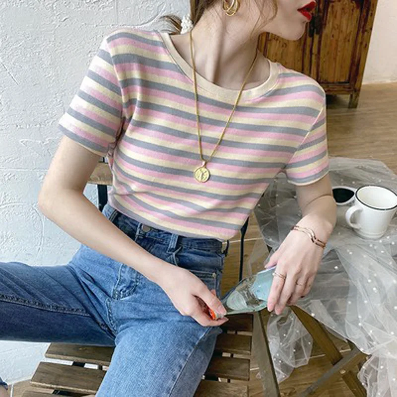 Women Striped Short Sleeve Slim Fit Tshirts