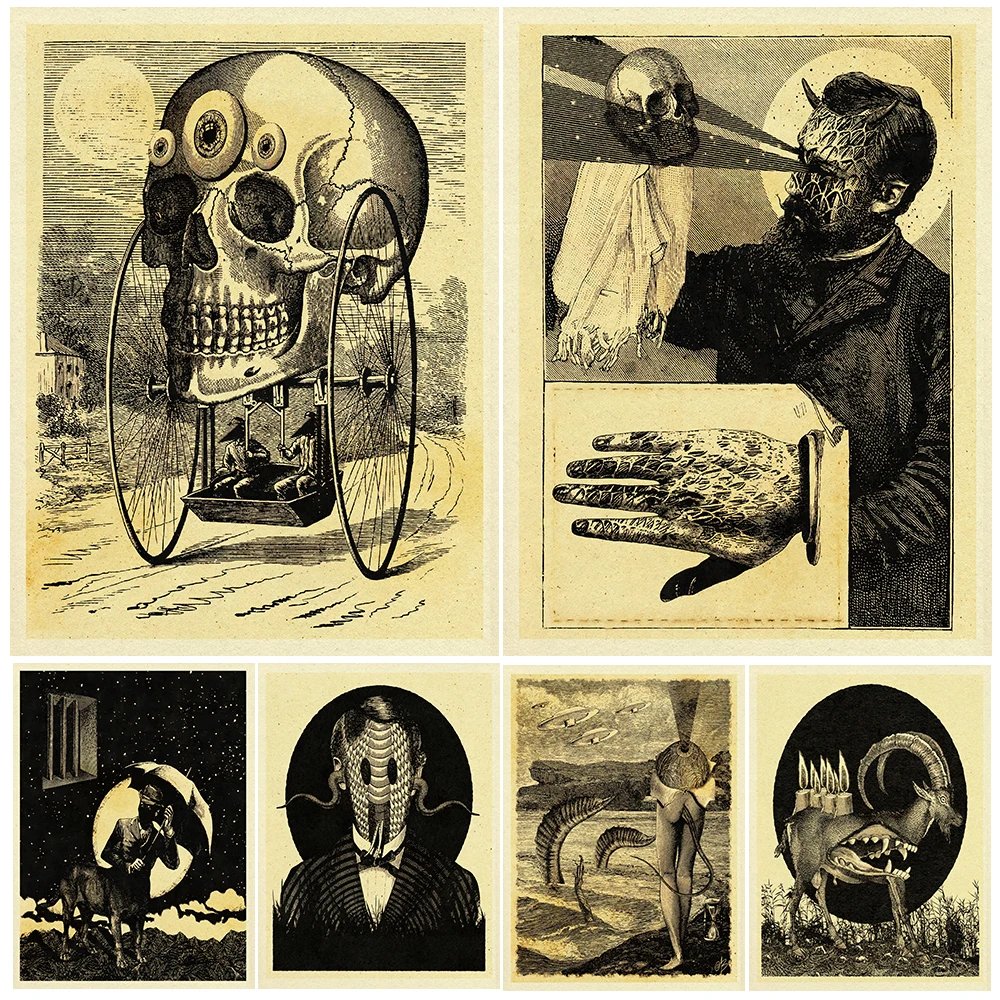 

Ufos And Water Monsters Vintage Fantasy Wall Art Canvas Painting Skeleton Cars And Weird Trumpets Surreal Art Poster Print Decor
