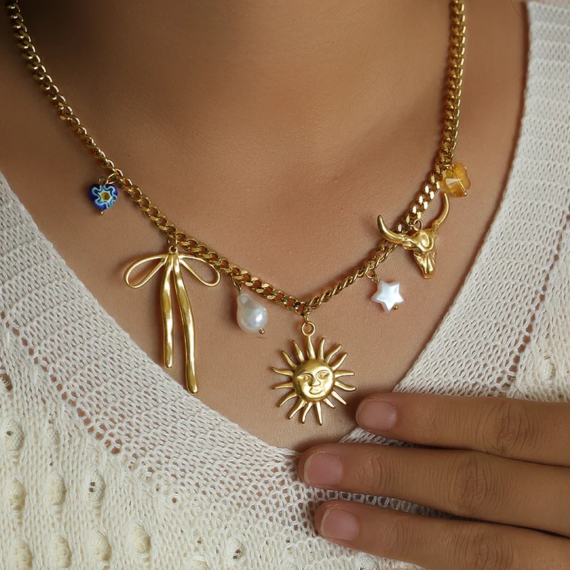الفولاذ المقاوم للصدأ العصرية نجم البحر القمر الشمس على شكل قلادة قلادة بيان سحر سلسلة ذهبية خاتم هدايا مجوهرات أنيقة