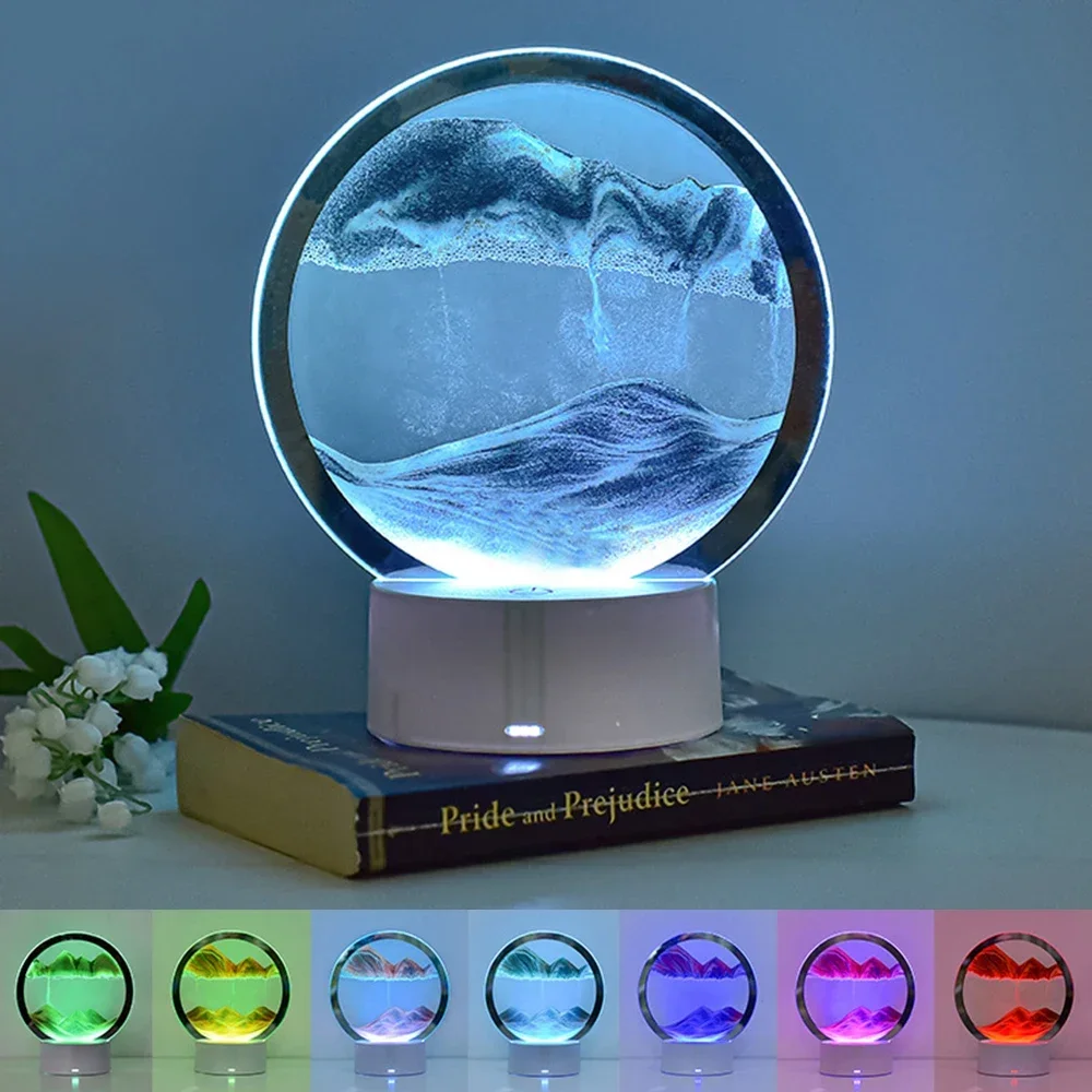

LED Quicksand Painting Table Lamp 3D Moving Art Picture Round Glass Hourglass Night Light Bedside Home Decoration Accessories