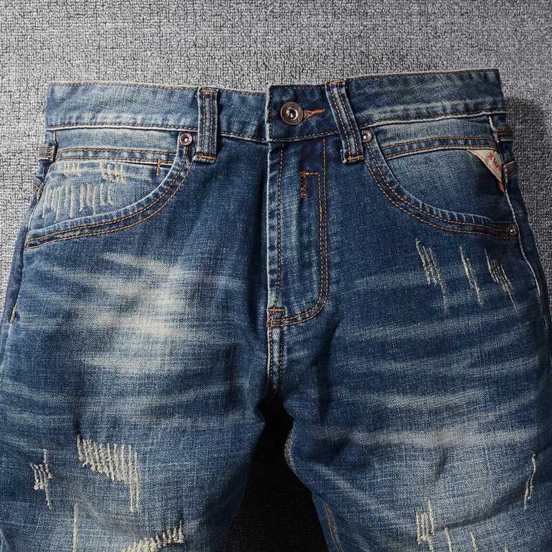 Fashion Designer Men Jeans Retro Washed Blue Elastic Stretch Slim Ripped Jeans Men Casual Trousers Vintage Denim Pants Hombre