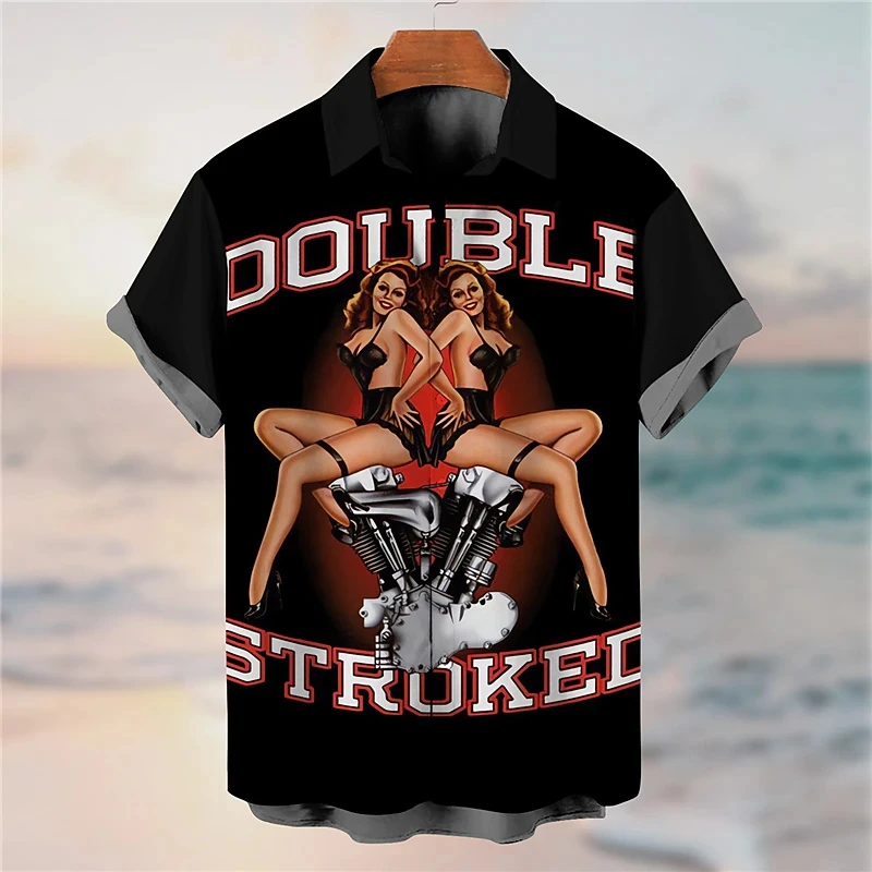 

Shirt For Men Sexy Girl Lapel Vintage Shirt Rock Printed Short Sleeve Blouse Streetwear Male Clothes Hip Hop Casual Men's Shirt