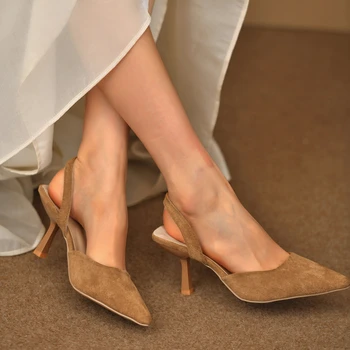 Elegant Suede Slingback Heels with V-Neck Detail, Lightweight & Versatile, Ideal for Weddings, Parties and All-Day Wear