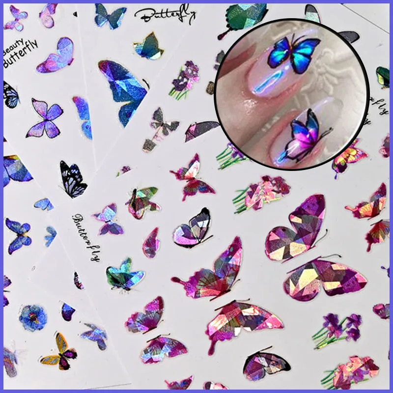 12pcs Holographic Laser Butterfly 3D Nails Sticker Colors Gold DIY Nail