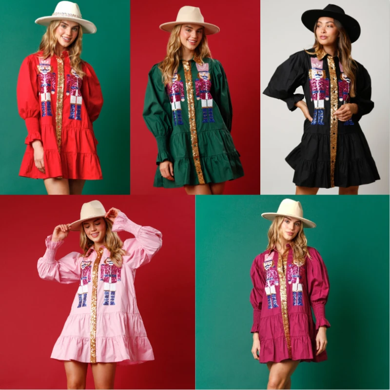 

2023 New European and American Autumn/Winter Contrast Color Long Sleeved Lapel Sequin Contrast Color Dress for Women