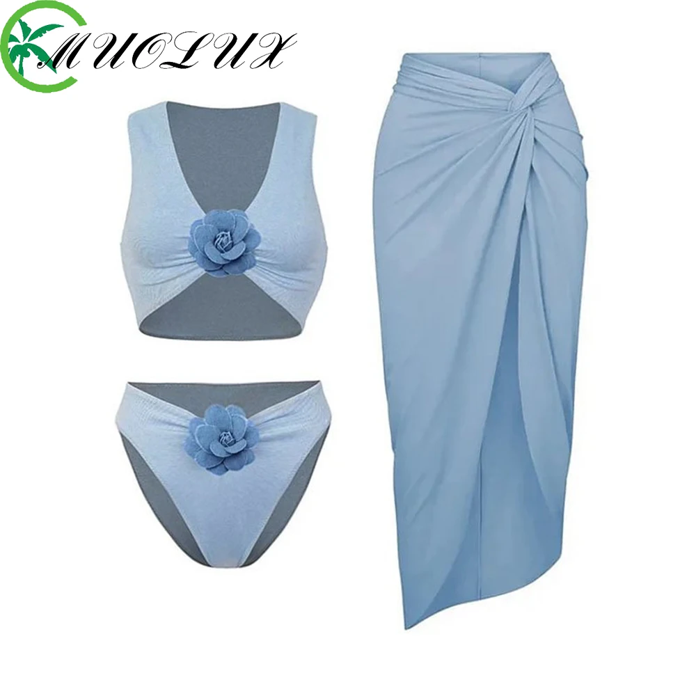 

MUOLUX Women One Piece Swimwear Bikini Set Swimsuit Vintage Solid Holiday Beach 3D Flower Dress 2023 Bathing Suit Summer Sexy