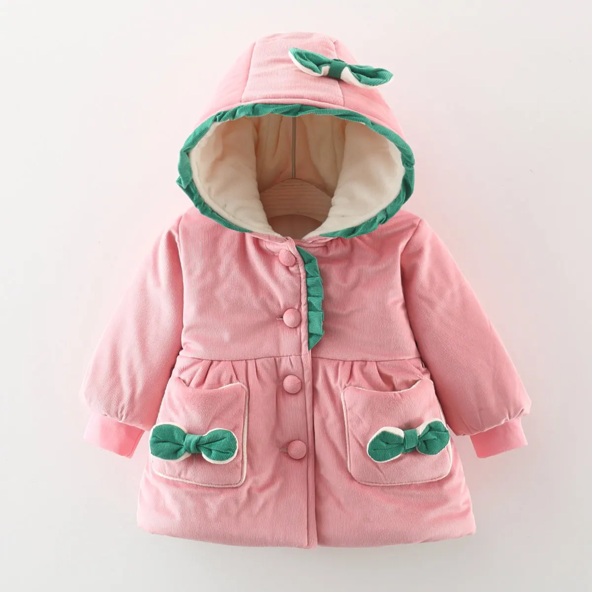 New Winter Girls' Cotton Coat Cartoon Cotton Coat Bow and Lace Contrast Button Double Pocket Children's Clothing
