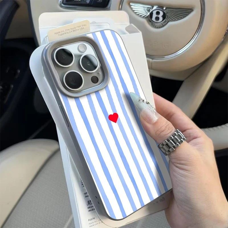 Minimalist Blue and White Striped Heart Pattern Phone Case