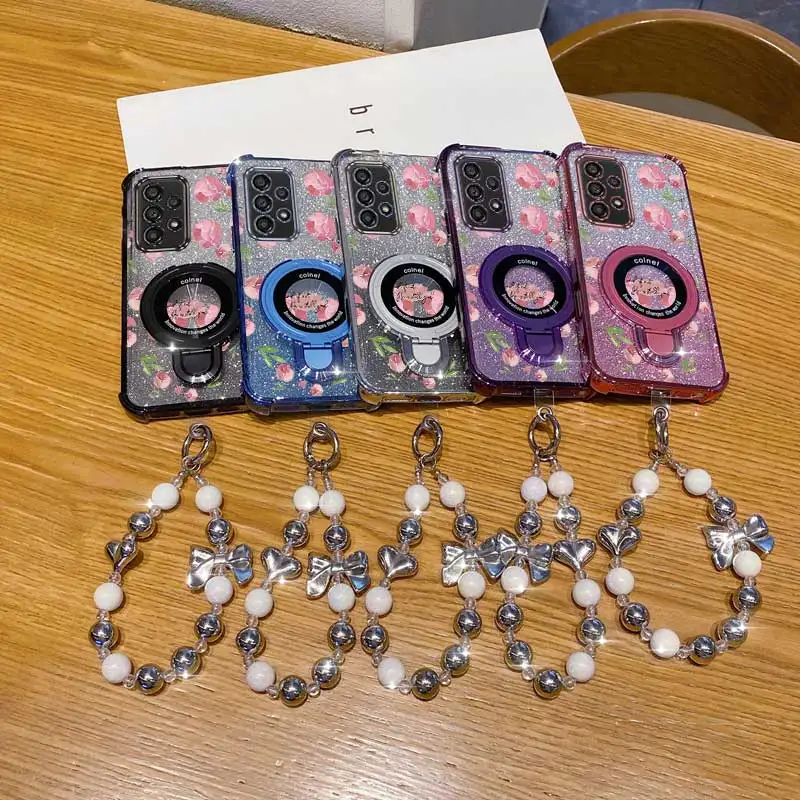 Pearl Strap Glitter Pink Flowers Phone Holder Case