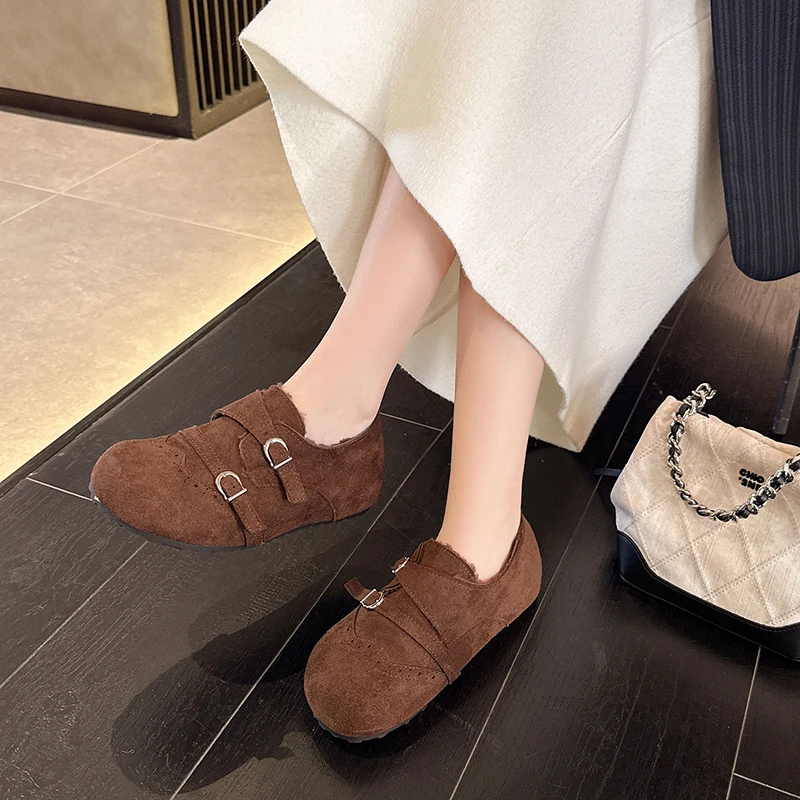 Aphixta Black Leather Warm Winter Mary Janes Shoes For Women Furry Round Toe Belt Buckle Shoes Short Plush Flat Heel Woman Shoes