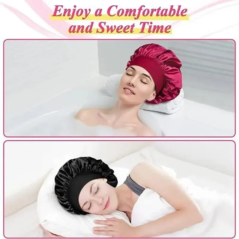 Womens Wide Brim Nightcap Silk Bonnet Hair Wrap Sleep Cap