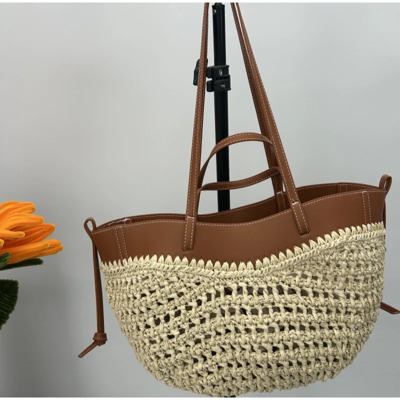 Borsa a tracolla in paglia intrecciata, popolare con manici lunghi e corti, colore abbinato all'ascella, borsa a secchiello da donna._voghion.com