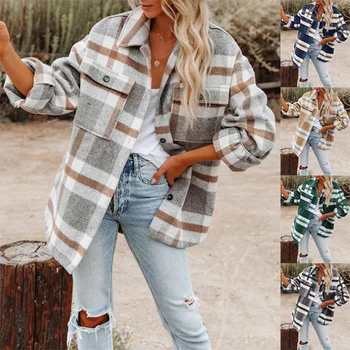 Women's Long Sleeve Polo Collar Loose Plaid Thickened Woolen Coat 1