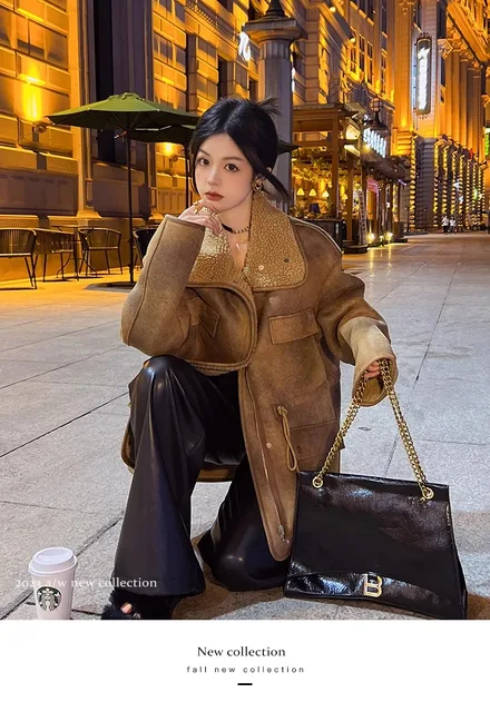 Giacca a vento marrone da donna giacca in pelle reversibile in