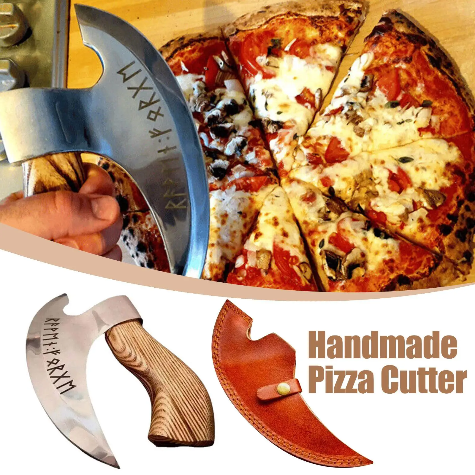 Handmade Pizza Cutting Axe Stainless Steel Viking Pizza Cutter Wooden Handle Multifunctional Pizza Axe Knife With Oblique Blade 2