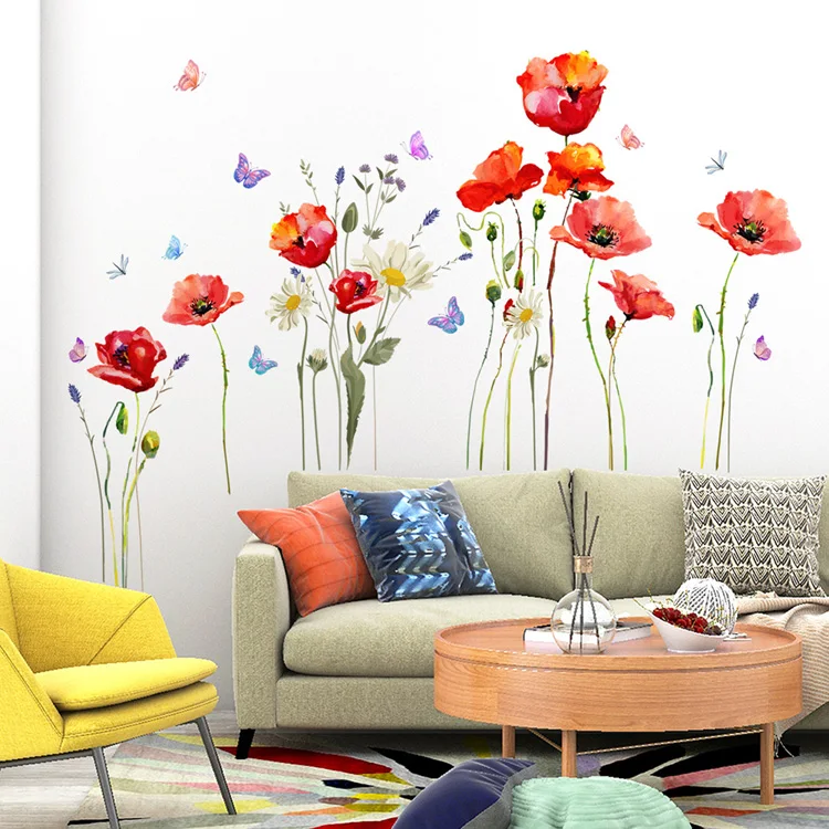 Wasserfarbener Blumen-Schmetterlings-Wandaufkleber für Wohnzimmer-Hintergrunddekoration, Verschönerung von Wandbildern, Schlafzimmer-Dekor, selbstklebende Aufkleber – Detail 4
