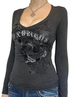 T-shirt graphique à manches longues pour femmes, imprimé gothique, punk grunge, esthétique Y2K, t-shirts de printemps et d'automne 2