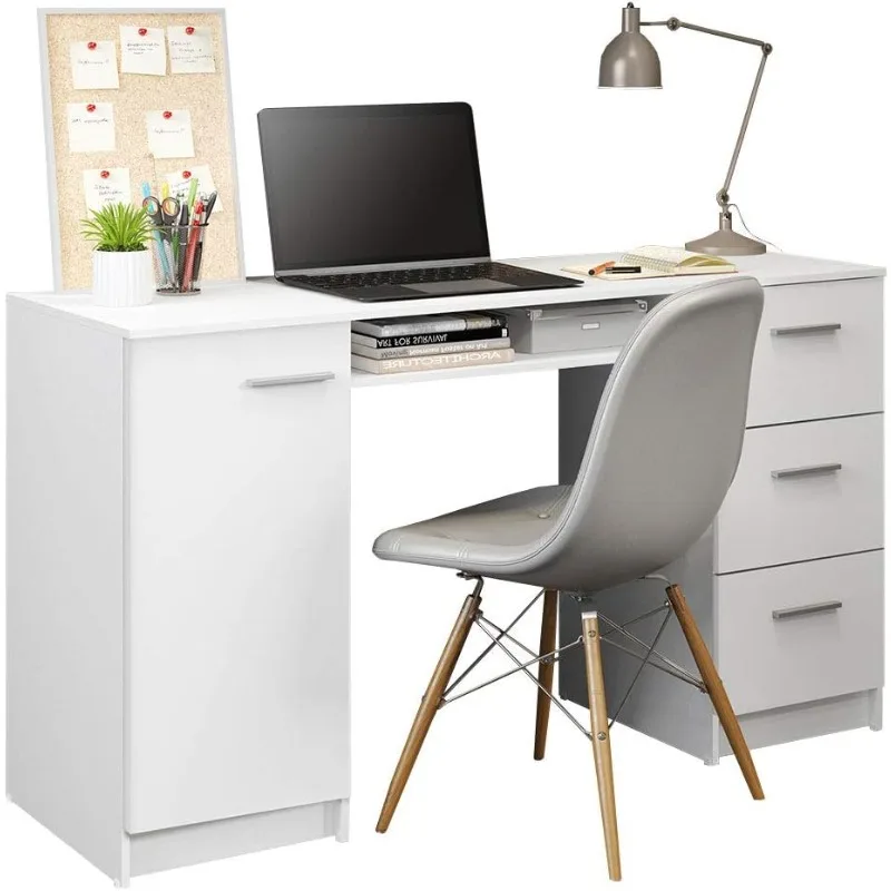 Madesa Computer Desk with 3 Drawers, 1 Door and 1 Storage Shelf, Wood Writing Home Office Workstation, Office Desk with Drawers lamp dimmable with touch control 2 usb ports and 1 power outlet wood standing lamps with 11w led bulb 3 tiered led shelf floo