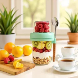 Dual - Layer Glass Mason Jars with Lids and Spoons for Oatmeal, Salad, and Yogurt Separation (Green Lid)