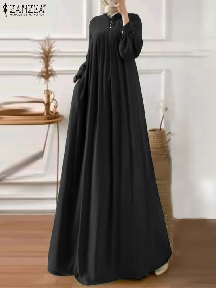 

ZANZEA Fashion Dubai Maxi Dress Woman Long Sleeve O-Neck Sundress Vintage Party Dresses Elegant Solid Color Vestidos Oversize