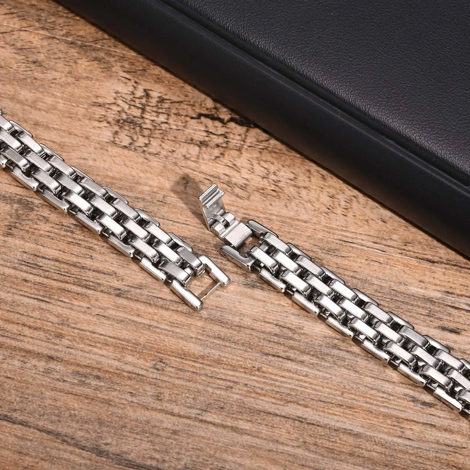 Vnox 11mm Watchband Shaped Chain Bracelet for Men Teens Boys,Strap Chain Bracelets, Black Silver Color Stainless Steel Wristband - Image 5