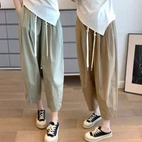 M-3XL Maternity Summer Trousers Solid Color Drawstring Waist Ankle-length Pants Loose Casual Pregnant Woman Capris with Pockets 1