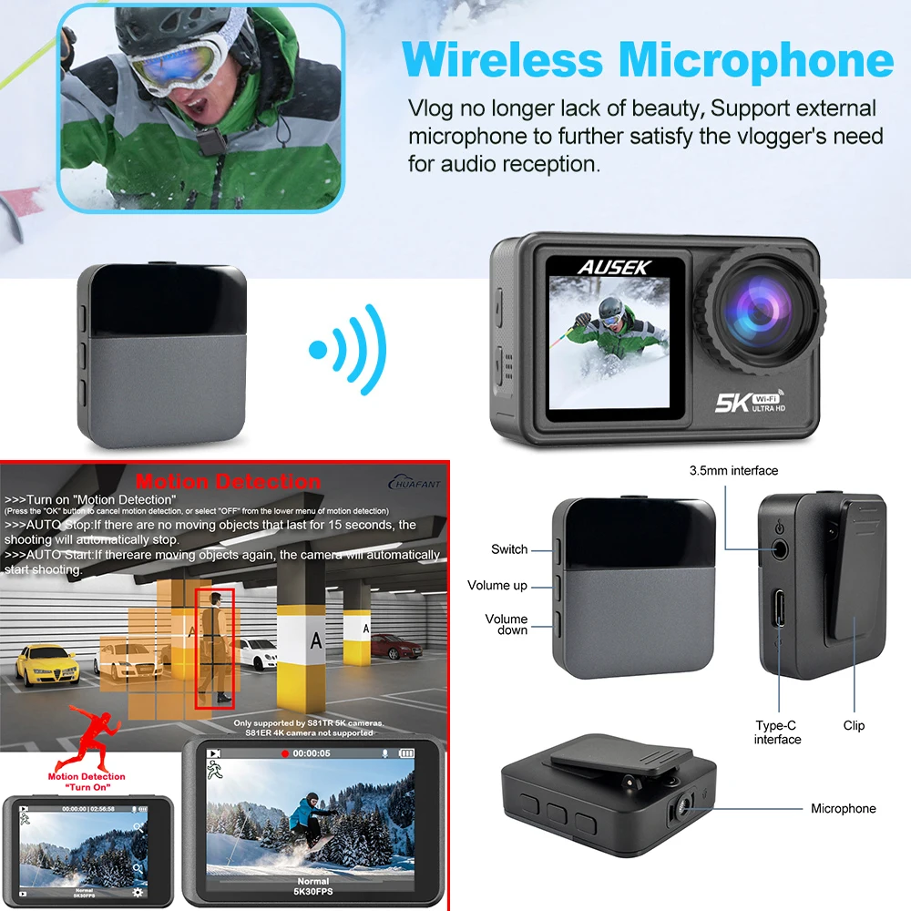 S81TRW Action Camera 5K 4K60FPS 48MP EIS DVR Webcam 2" IPS Dual Screen Optional 6 Filter Wireless Microphone Wi-Fi Sports Cam 3