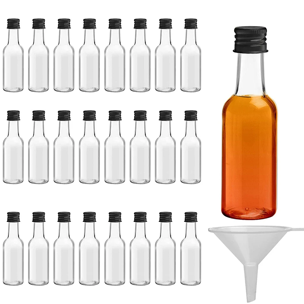 

Mini Liquor Bottles Reusable Plastic 50ml (1.7 fl oz) Empty Spirit Bottle with Black Lids Miniature Bottles