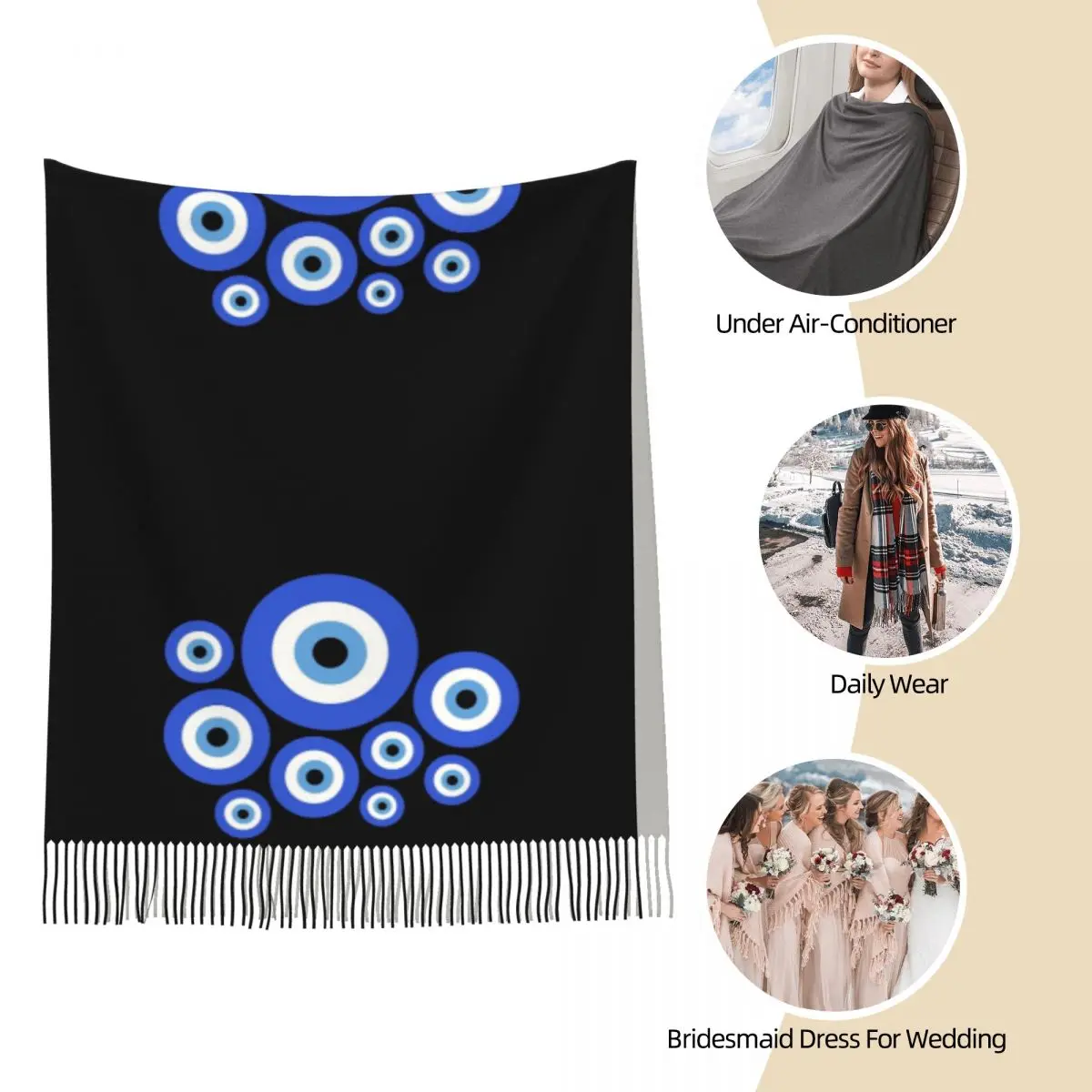 Turkish & Greek Evil Eye Shawl Wrap for Womens Warm Large Soft Scarf Evil Eye Blue Nazar Amulet Boho Pashminas Tassel Scarves