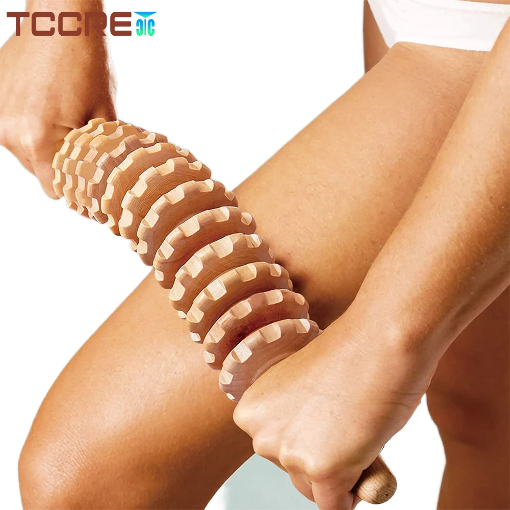 12-Wheel Curved Wooden Massage Stick Roller for Anti Cellulite Lymphatic Drainage Wood Manual Self Therapy Massage Tools