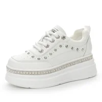 7cm Genuine Leather Women Fashion Casual Bling Chunky Sneakers Platform Wedge Vulcanized Autumn Spring Hidden Heels Ladies Shoes 1