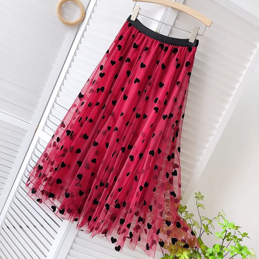 Vintage High Waist Love Heart Print Tulle Skirt A-line Mesh Tutu Skirts Womens 2022 Spring Summer black midi skirt Skirts